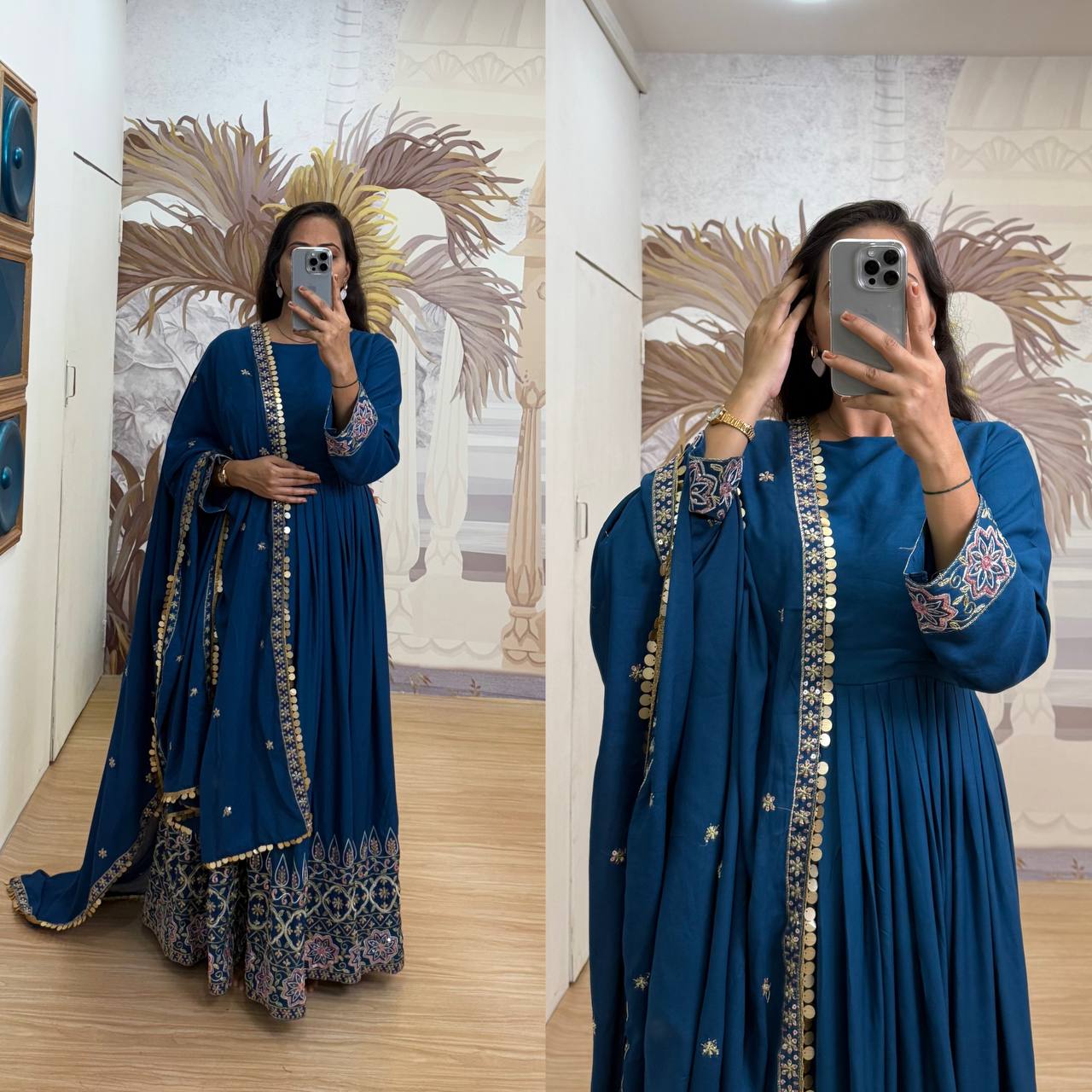 Trending Rayon Gown Set with Embroidered Daman &amp; Dupatta