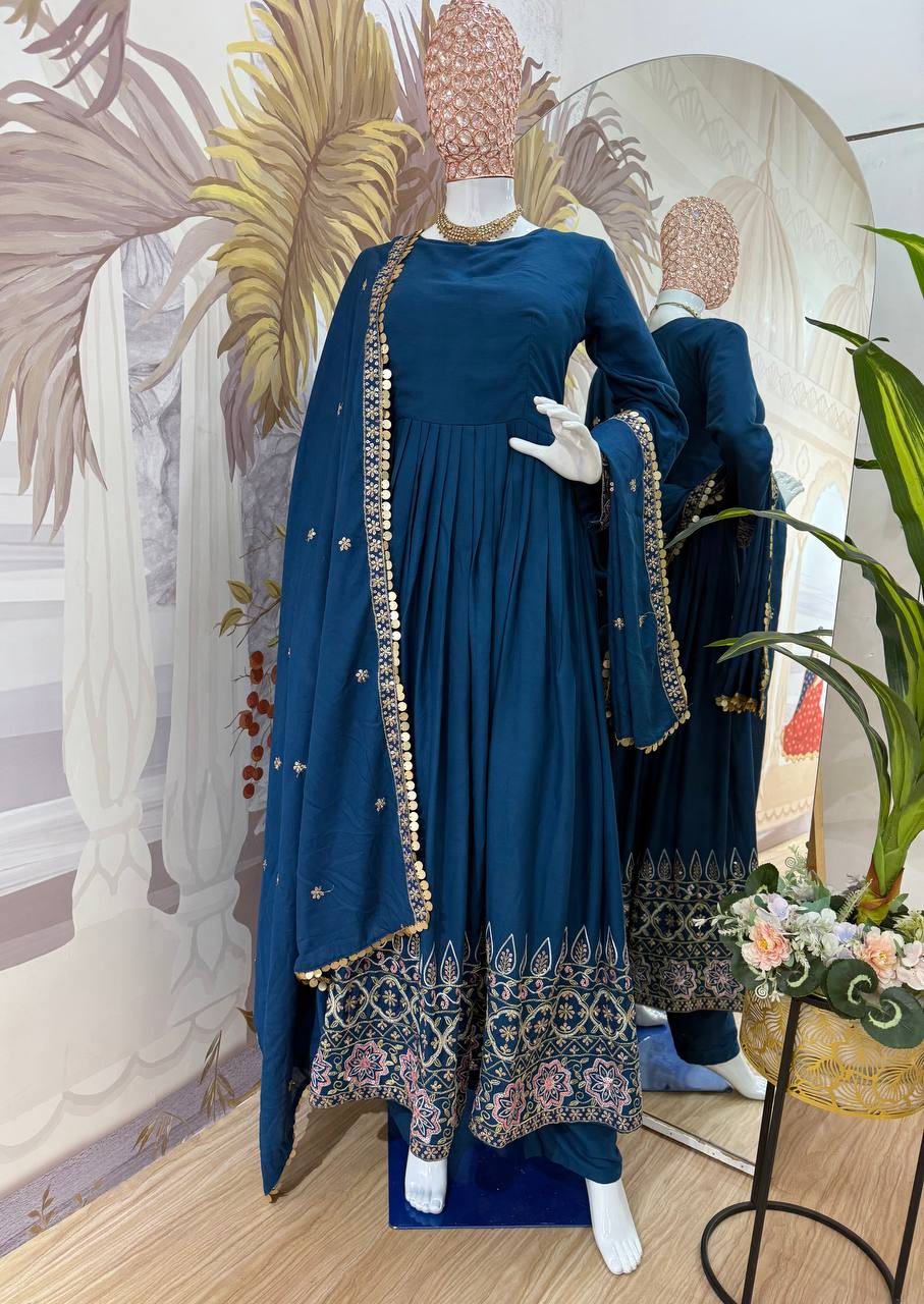 Trending Rayon Gown Set with Embroidered Daman &amp; Dupatta