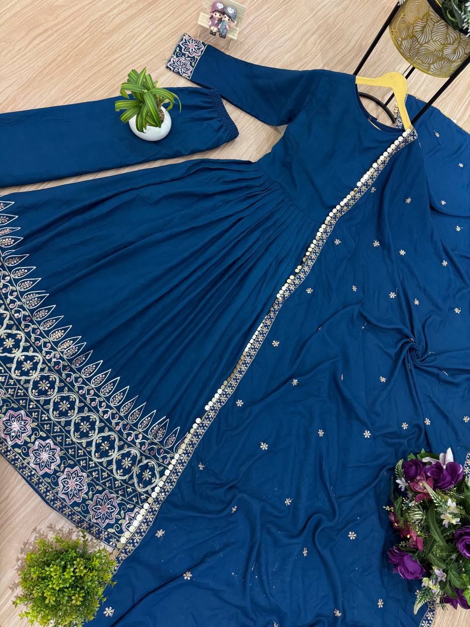 Trending Rayon Gown Set with Embroidered Daman &amp; Dupatta