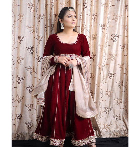 Maroon Velvet Anarkali Suit with Embroidered Organza Dupatta