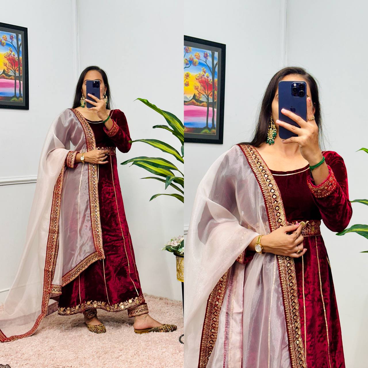 Maroon Velvet Anarkali Suit with Embroidered Organza Dupatta
