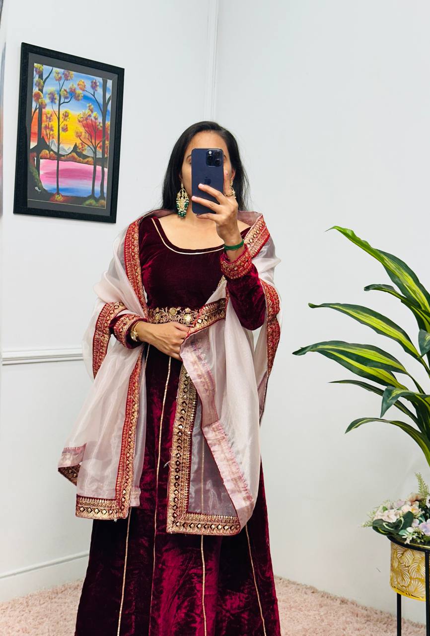 Maroon Velvet Anarkali Suit with Embroidered Organza Dupatta