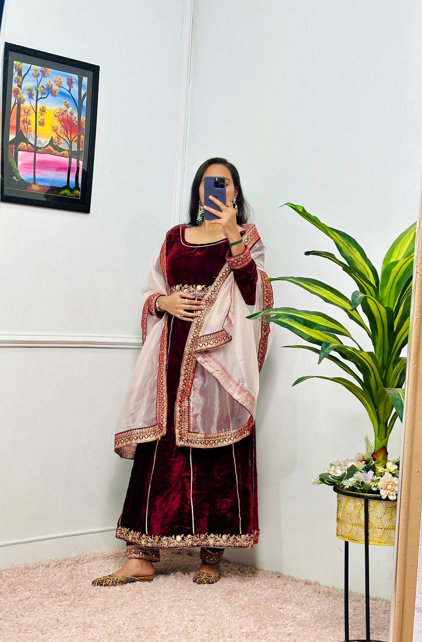 Maroon Velvet Anarkali Suit with Embroidered Organza Dupatta