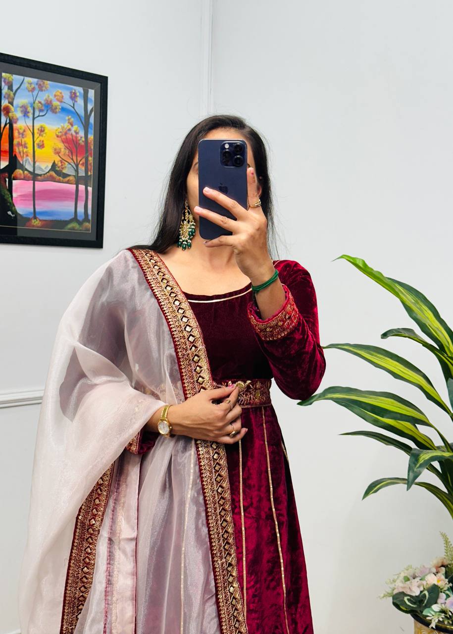 Maroon Velvet Anarkali Suit with Embroidered Organza Dupatta