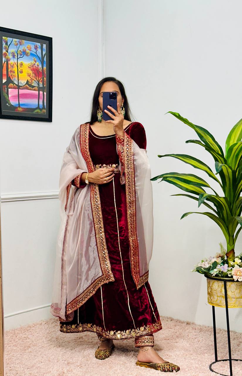 Maroon Velvet Anarkali Suit with Embroidered Organza Dupatta