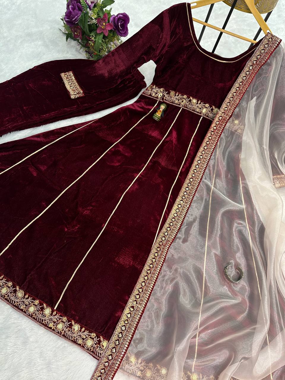 Maroon Velvet Anarkali Suit with Embroidered Organza Dupatta