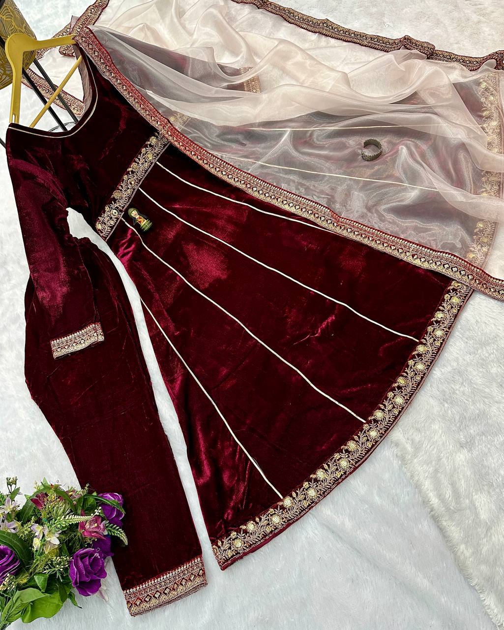 Maroon Velvet Anarkali Suit with Embroidered Organza Dupatta