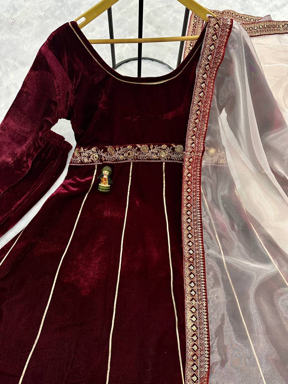 Maroon Velvet Anarkali Suit with Embroidered Organza Dupatta