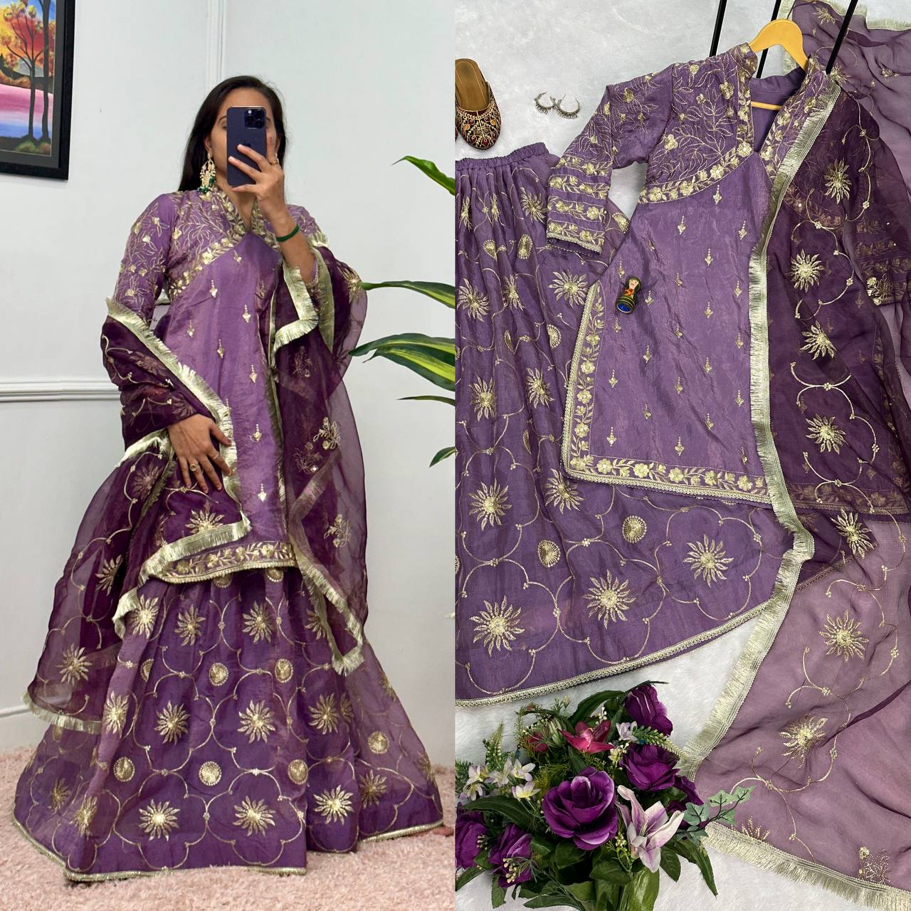 Lilac Gold Crush Kurta with Embroidered Lehenga & Dupatta – Premium 3-Piece Set