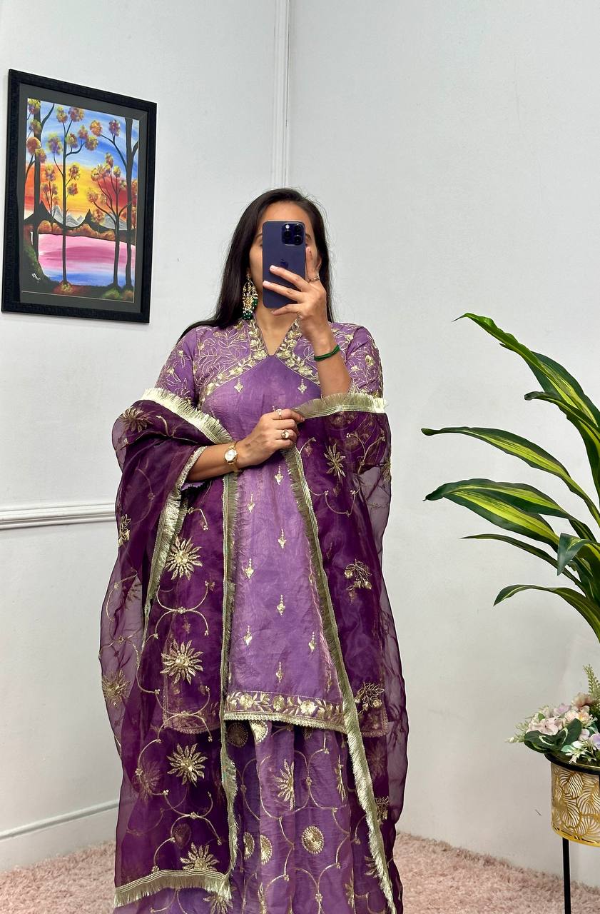 Lilac Gold Crush Kurta with Embroidered Lehenga & Dupatta – Premium 3-Piece Set