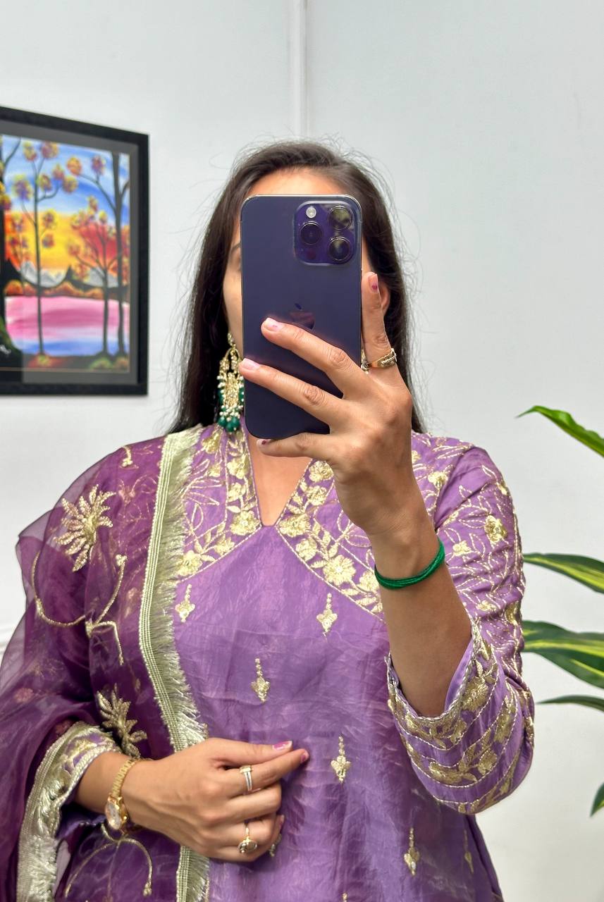 Lilac Gold Crush Kurta with Embroidered Lehenga & Dupatta – Premium 3-Piece Set