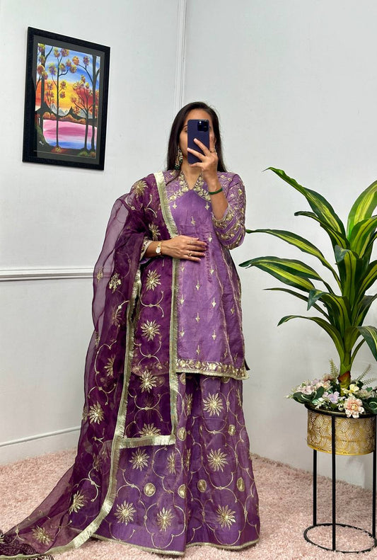 Lilac Gold Crush Kurta with Embroidered Lehenga & Dupatta – Premium 3-Piece Set