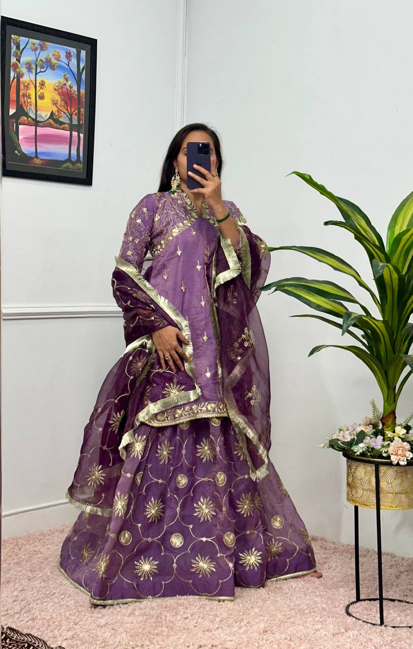 Lilac Gold Crush Kurta with Embroidered Lehenga & Dupatta – Premium 3-Piece Set