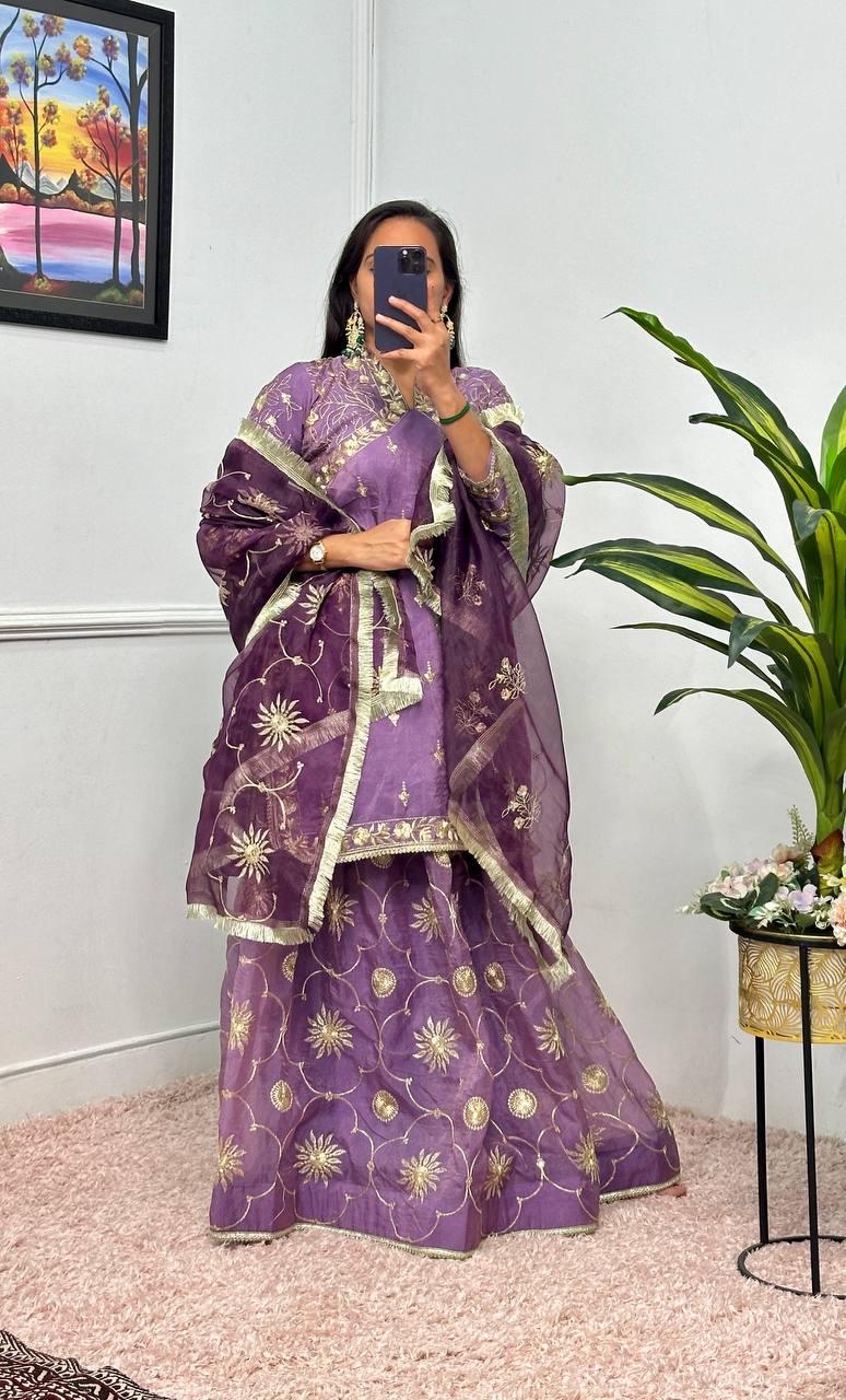 Lilac Gold Crush Kurta with Embroidered Lehenga & Dupatta – Premium 3-Piece Set