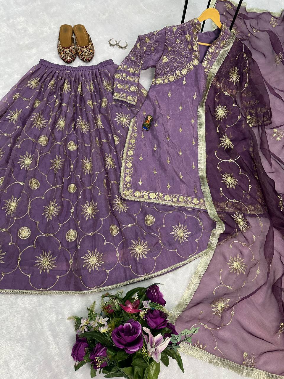 Lilac Gold Crush Kurta with Embroidered Lehenga & Dupatta – Premium 3-Piece Set