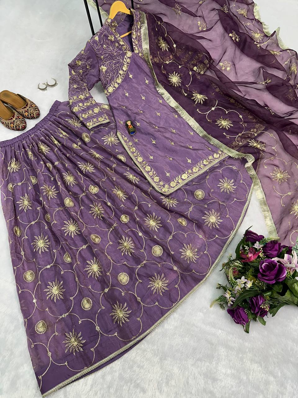 Lilac Gold Crush Kurta with Embroidered Lehenga & Dupatta – Premium 3-Piece Set