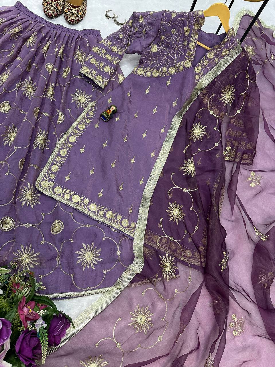 Lilac Gold Crush Kurta with Embroidered Lehenga & Dupatta – Premium 3-Piece Set