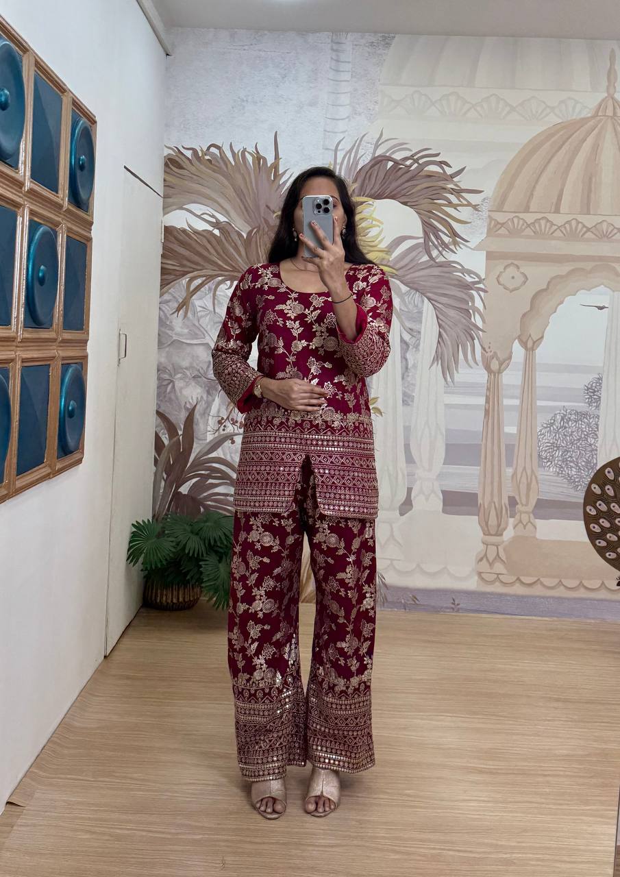 Elegant Summer Co-Ord Set in Dola Silk with Embroidered Detailing