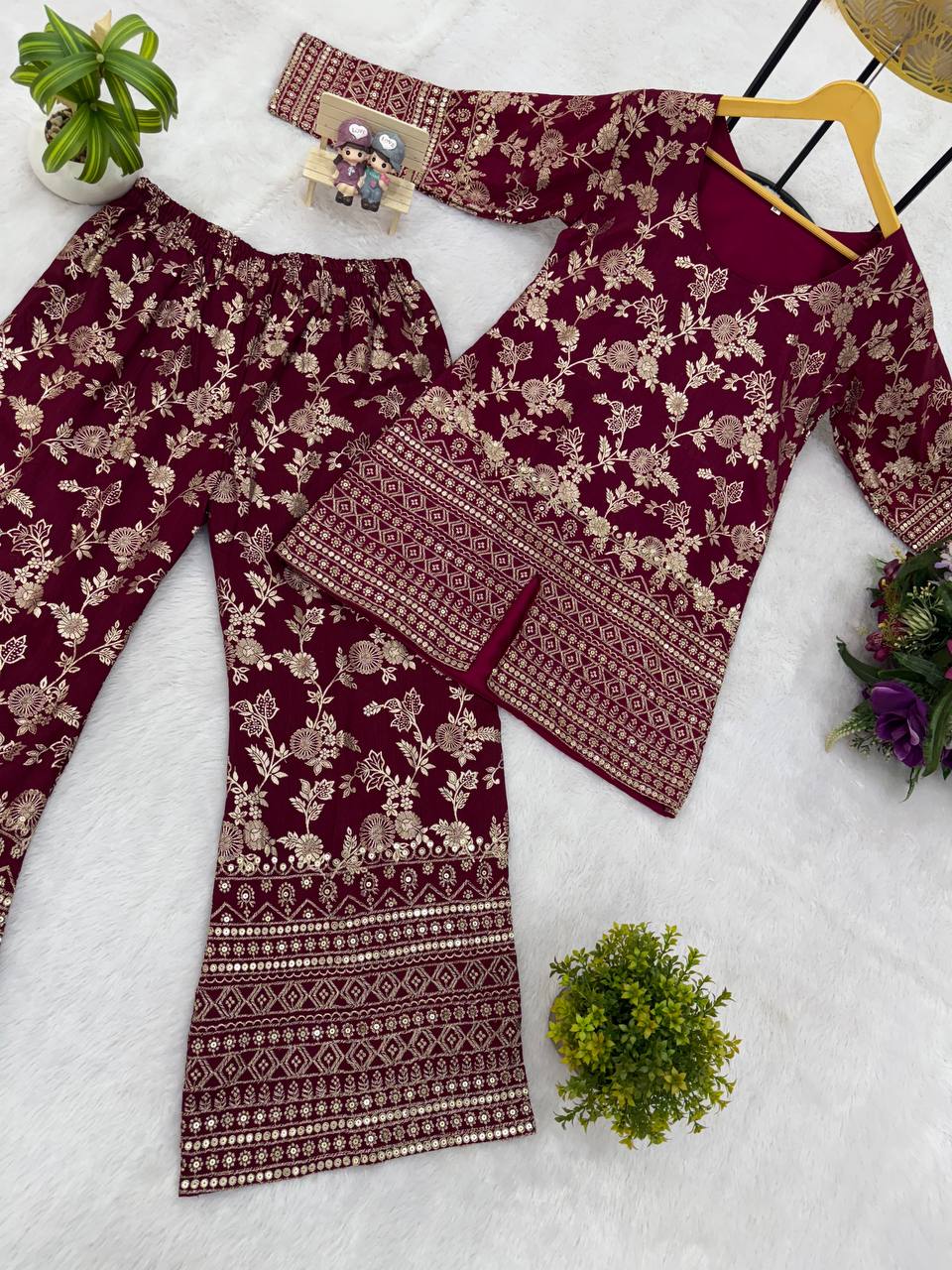 Elegant Summer Co-Ord Set in Dola Silk with Embroidered Detailing