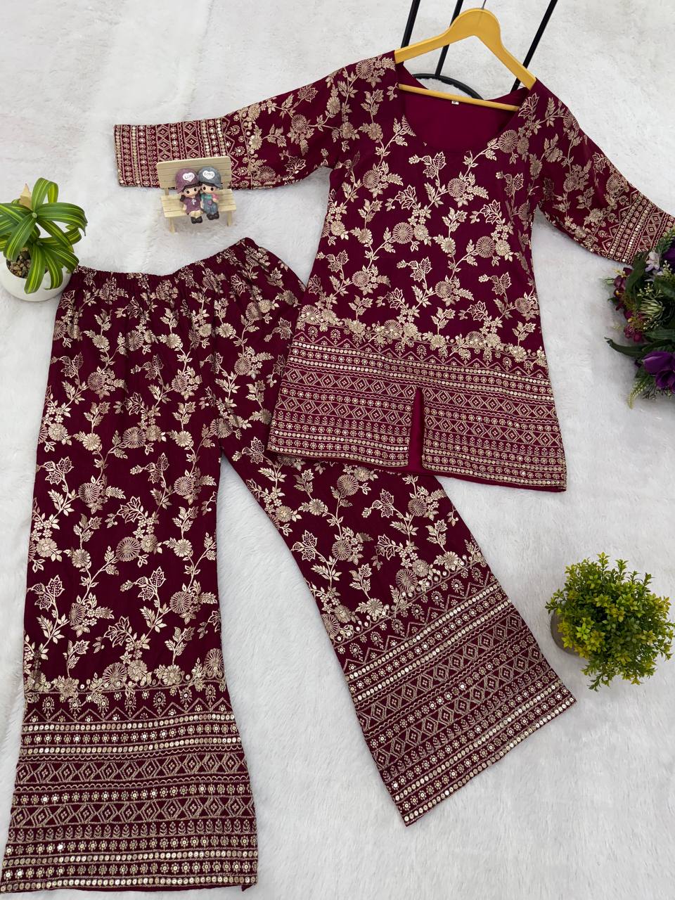 Elegant Summer Co-Ord Set in Dola Silk with Embroidered Detailing