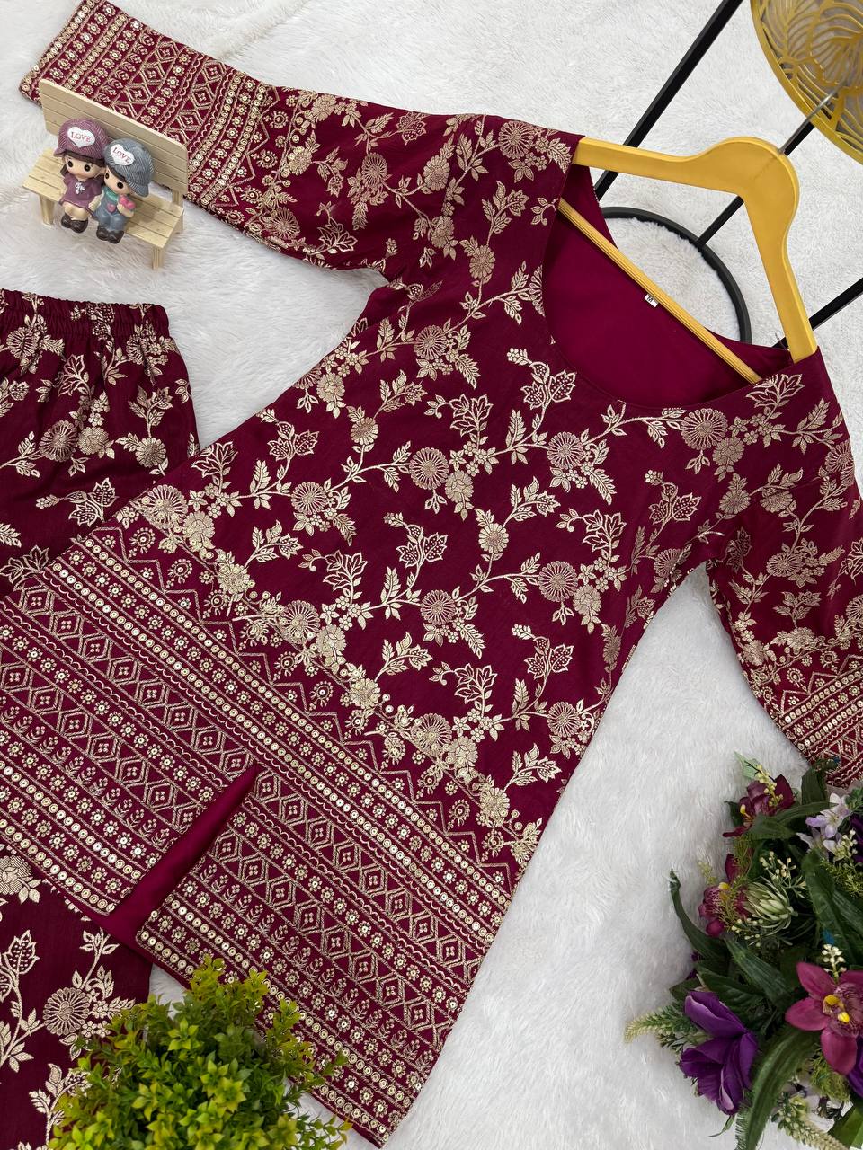 Elegant Summer Co-Ord Set in Dola Silk with Embroidered Detailing