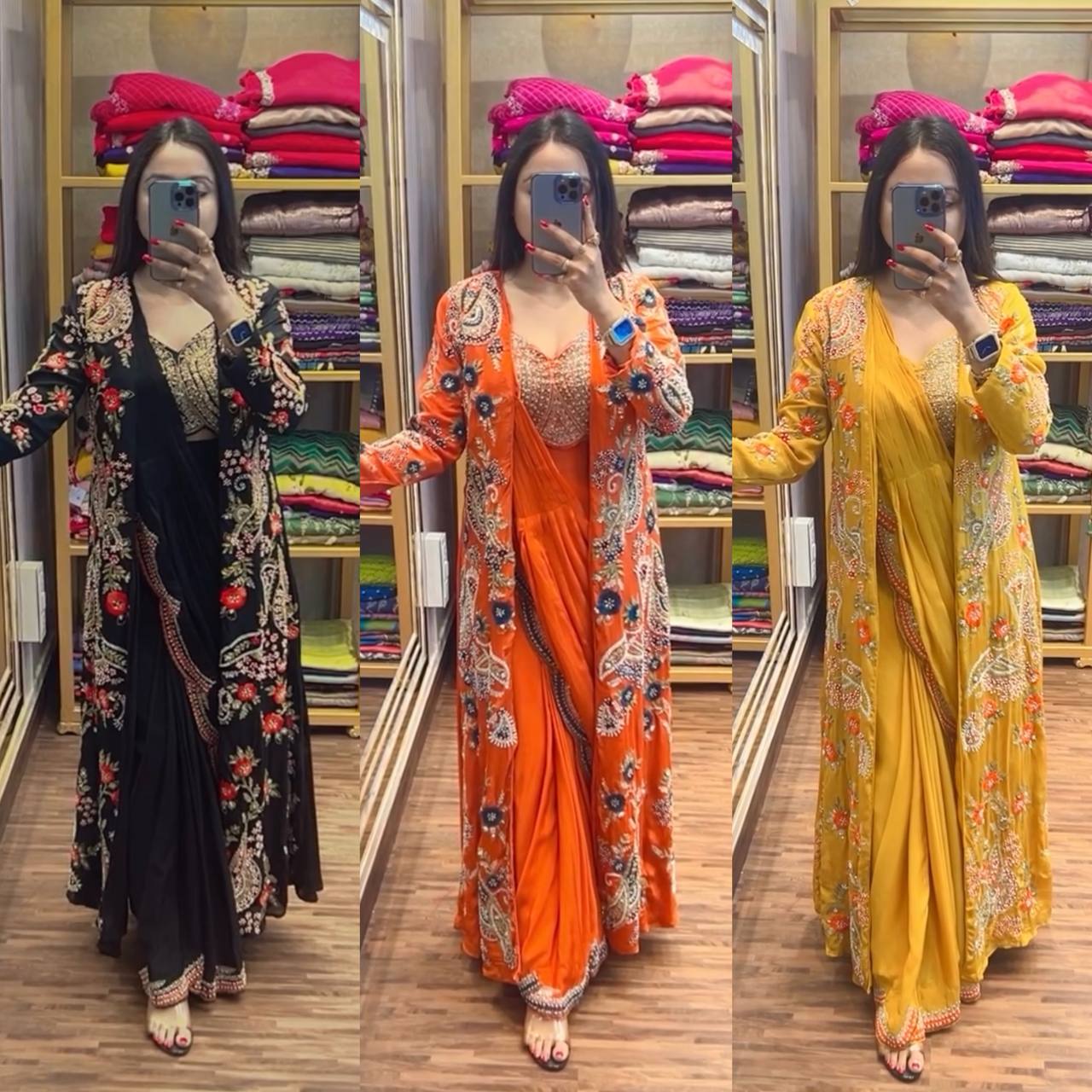 Premium Chinon Ready-to-Wear Drape Saree with Embroidered Koti