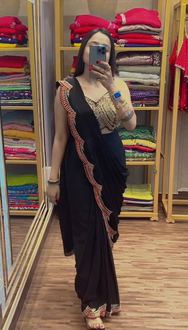 Premium Chinon Ready-to-Wear Drape Saree with Embroidered Koti