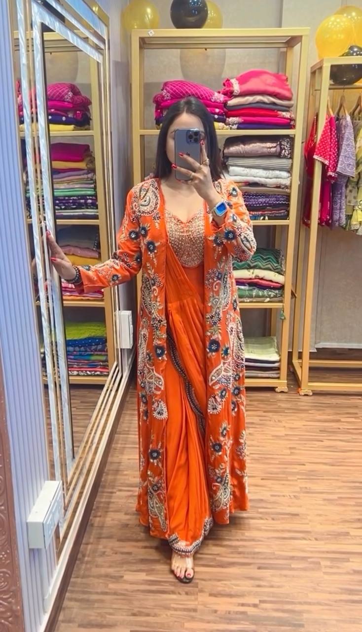 Premium Chinon Ready-to-Wear Drape Saree with Embroidered Koti