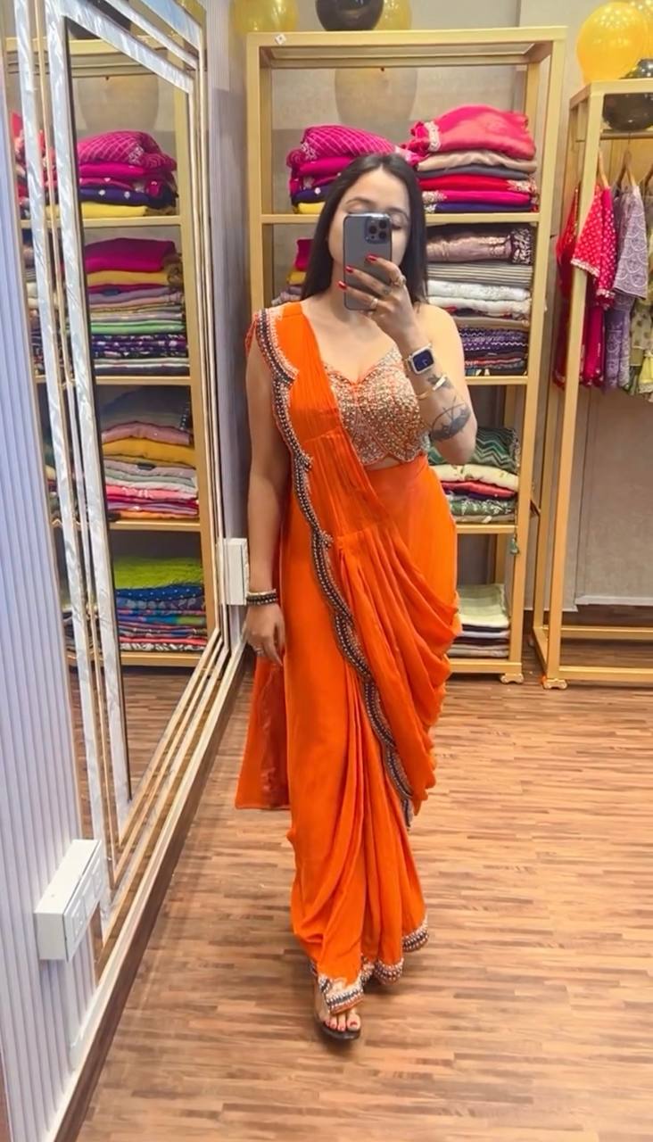 Premium Chinon Ready-to-Wear Drape Saree with Embroidered Koti