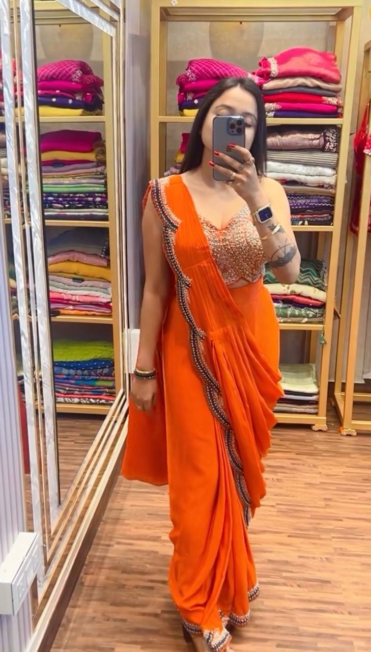 Premium Chinon Ready-to-Wear Drape Saree with Embroidered Koti
