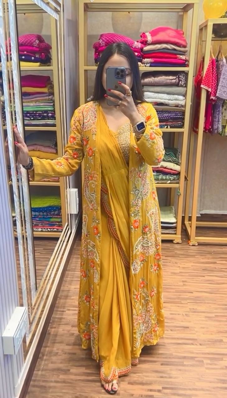 Premium Chinon Ready-to-Wear Drape Saree with Embroidered Koti