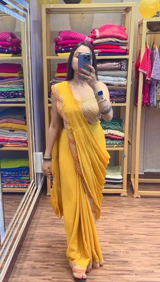 Premium Chinon Ready-to-Wear Drape Saree with Embroidered Koti