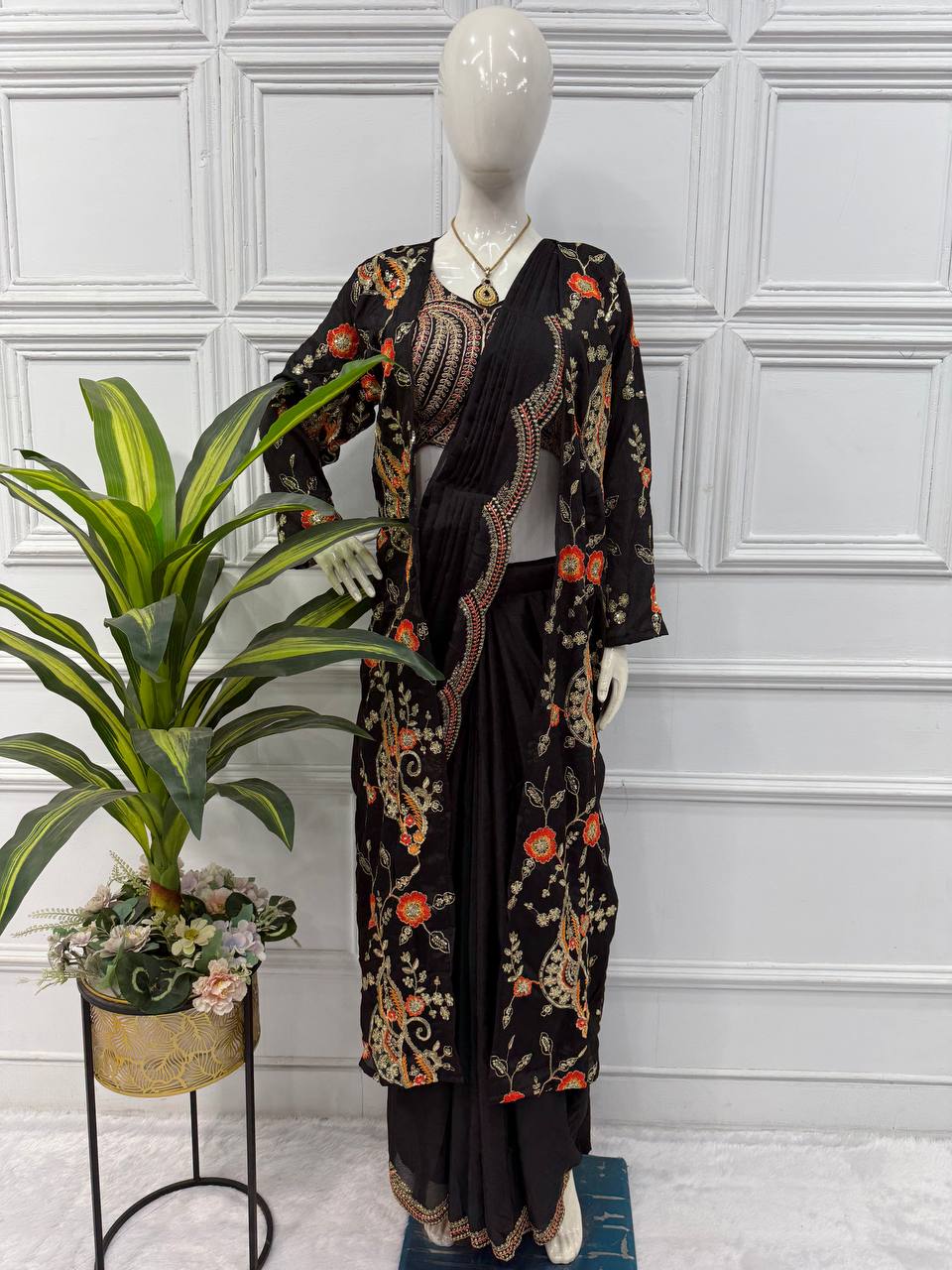 Premium Chinon Ready-to-Wear Drape Saree with Embroidered Koti