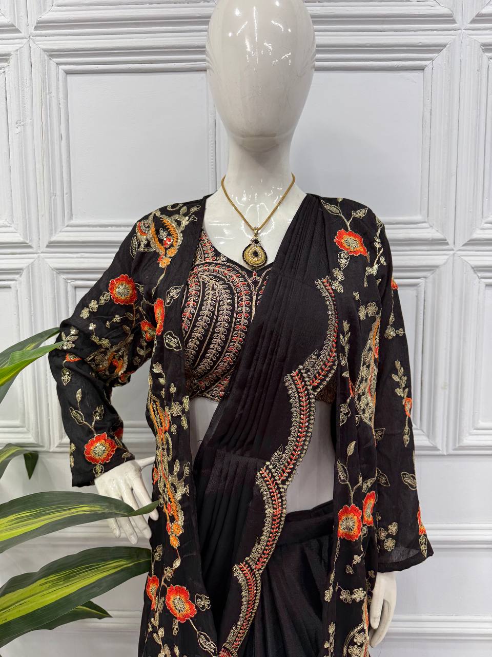 Premium Chinon Ready-to-Wear Drape Saree with Embroidered Koti
