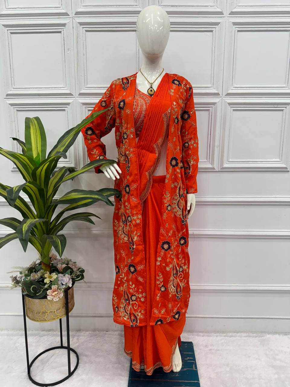 Premium Chinon Ready-to-Wear Drape Saree with Embroidered Koti