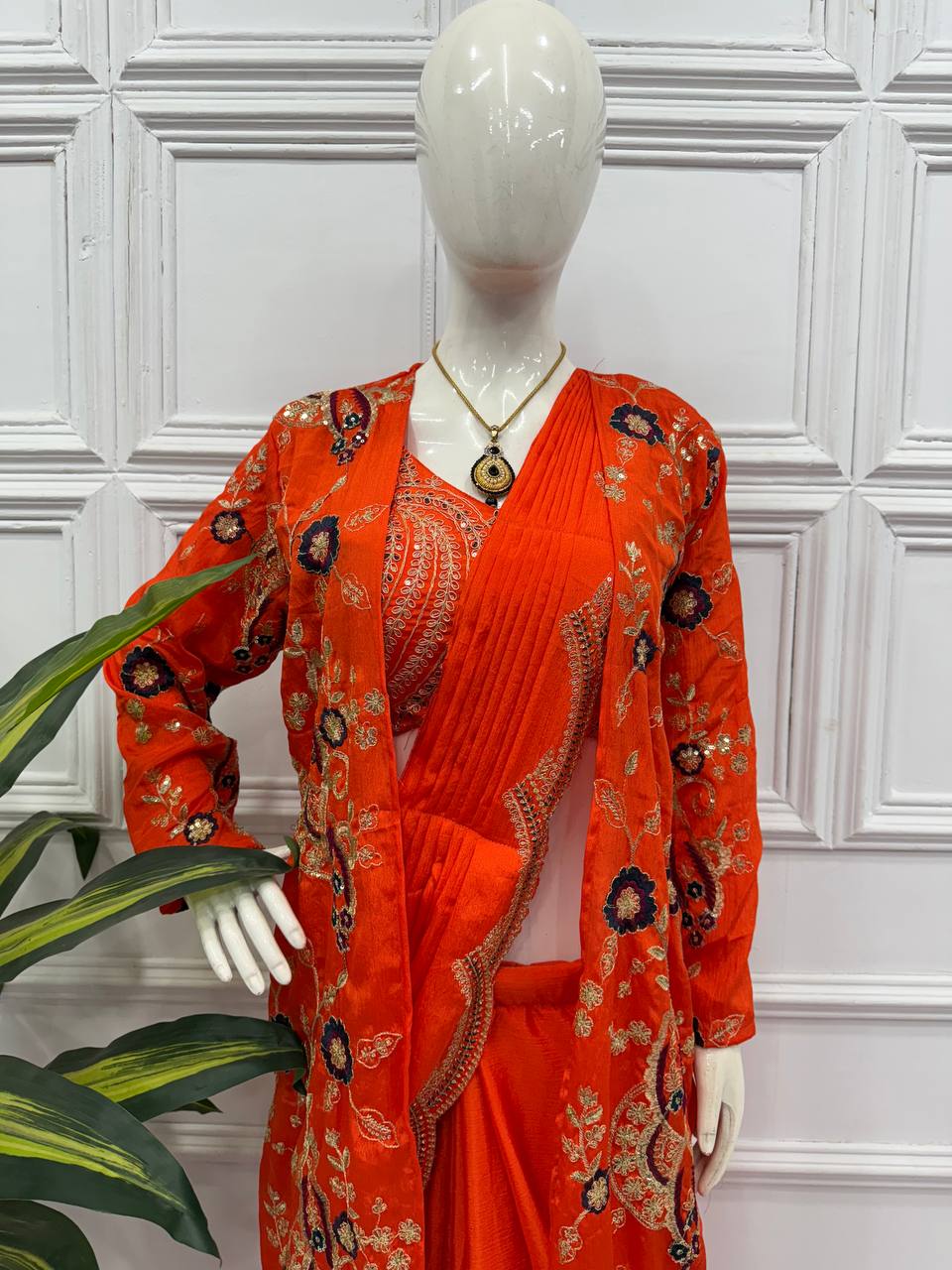 Premium Chinon Ready-to-Wear Drape Saree with Embroidered Koti