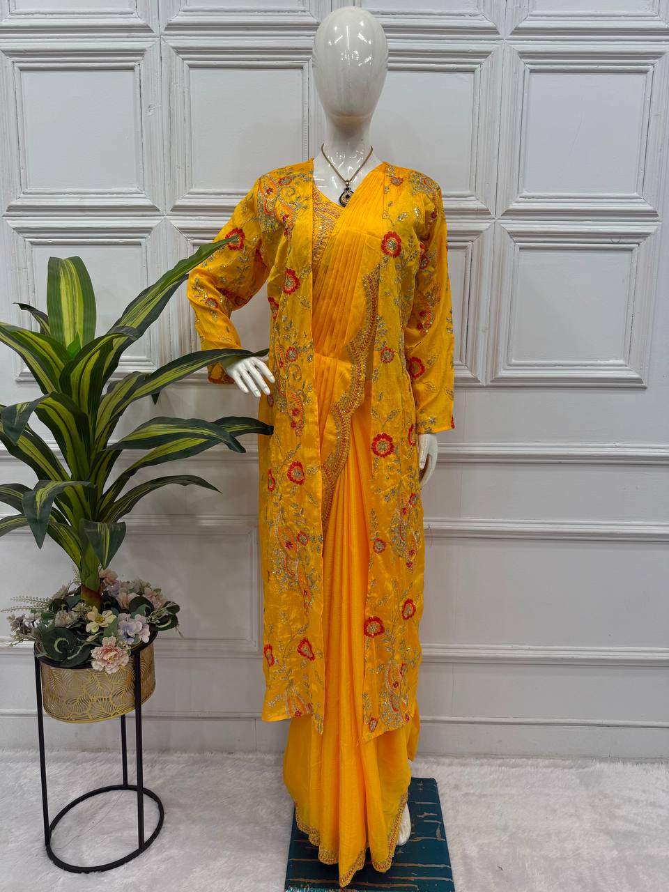 Premium Chinon Ready-to-Wear Drape Saree with Embroidered Koti