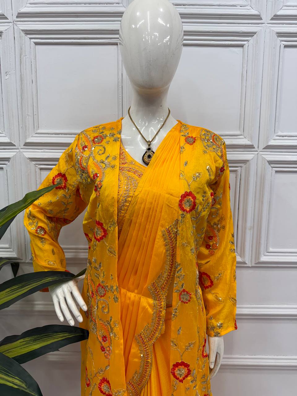 Premium Chinon Ready-to-Wear Drape Saree with Embroidered Koti