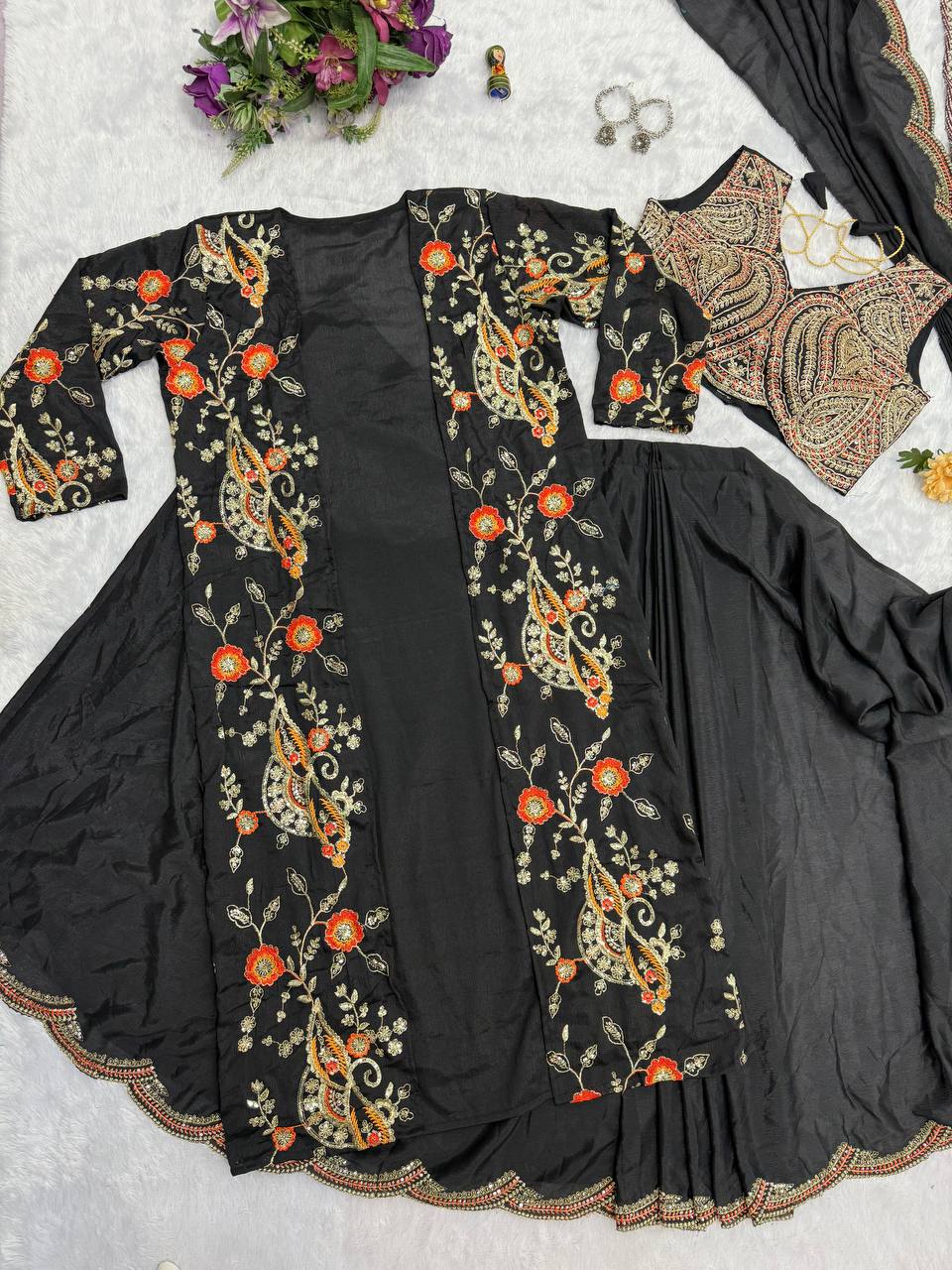 Premium Chinon Ready-to-Wear Drape Saree with Embroidered Koti