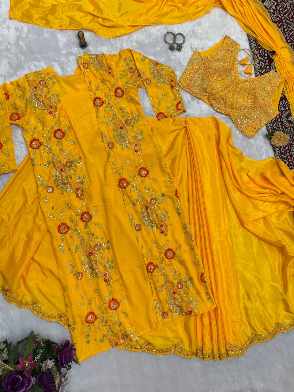 Premium Chinon Ready-to-Wear Drape Saree with Embroidered Koti