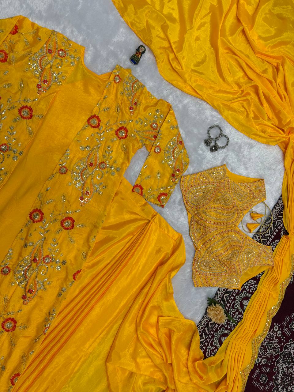 Premium Chinon Ready-to-Wear Drape Saree with Embroidered Koti
