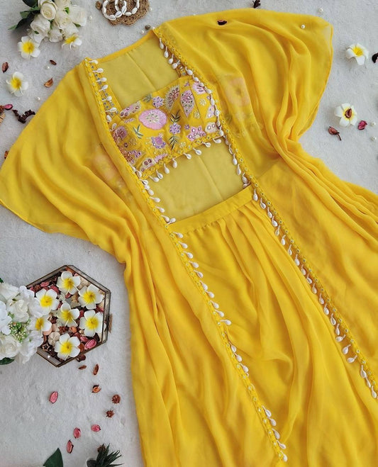 Yellow Indo-Western Set with Fusion Skirt, Shrug & Embroidered Blouse – Festive Wear