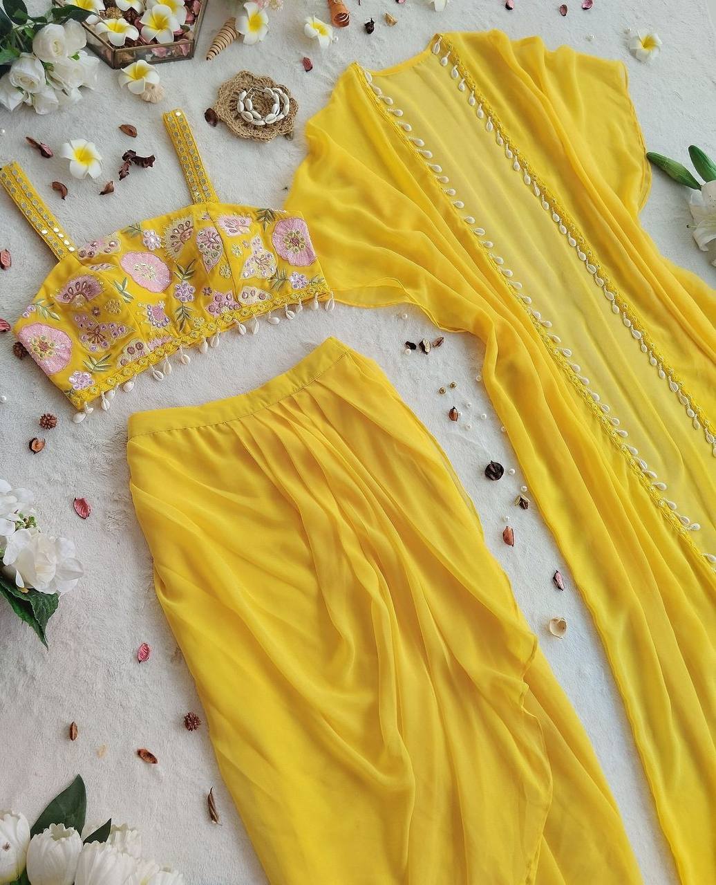Yellow Indo-Western Set with Fusion Skirt, Shrug & Embroidered Blouse – Festive Wear