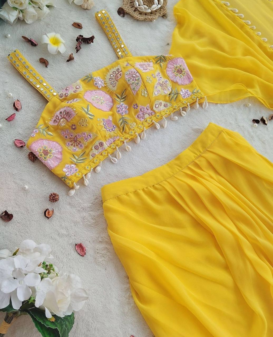 Yellow Indo-Western Set with Fusion Skirt, Shrug & Embroidered Blouse – Festive Wear