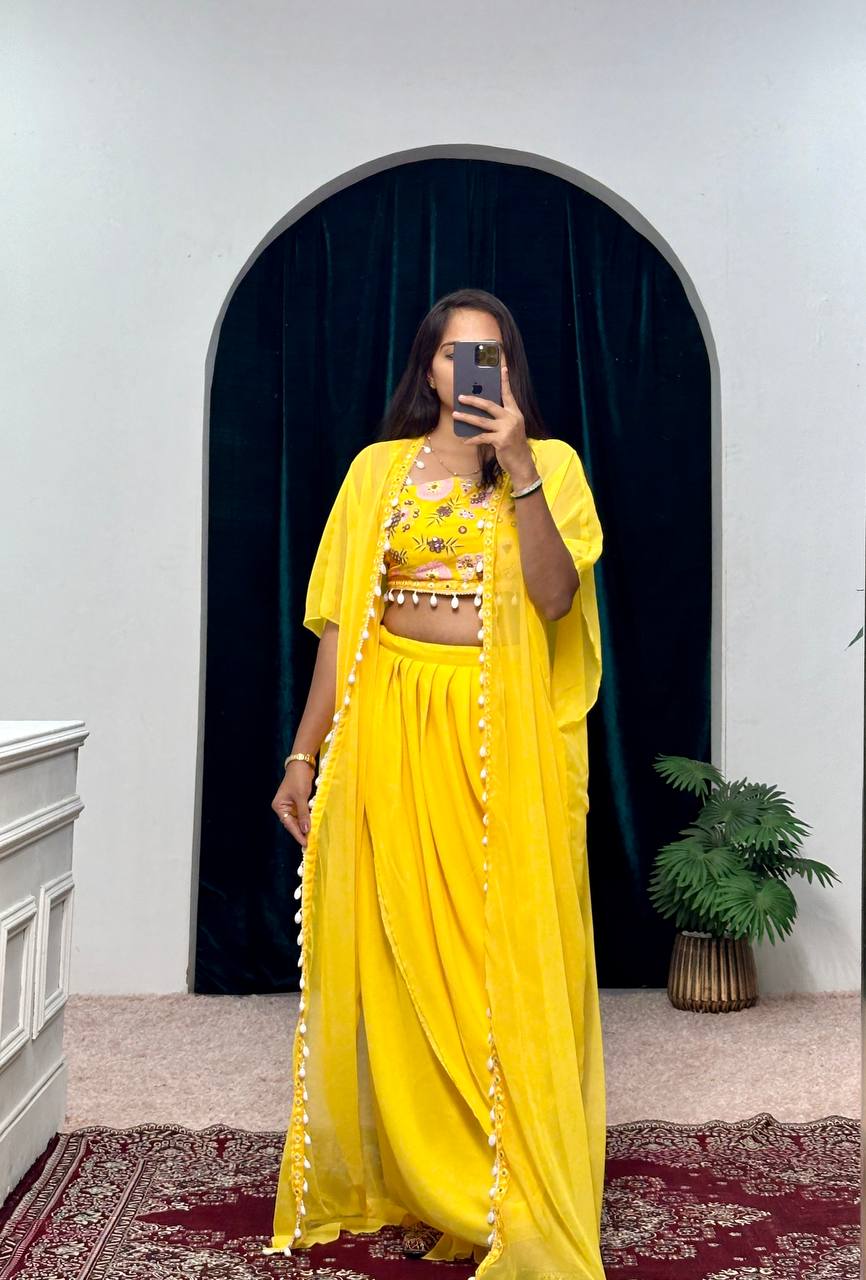 Yellow Indo-Western Set with Fusion Skirt, Shrug & Embroidered Blouse – Festive Wear