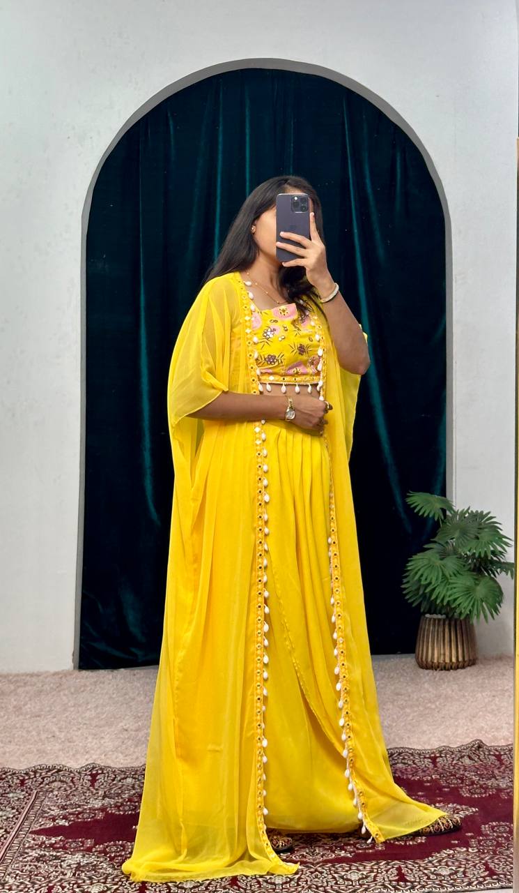 Yellow Indo-Western Set with Fusion Skirt, Shrug & Embroidered Blouse – Festive Wear