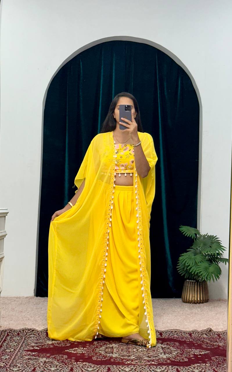 Yellow Indo-Western Set with Fusion Skirt, Shrug & Embroidered Blouse – Festive Wear