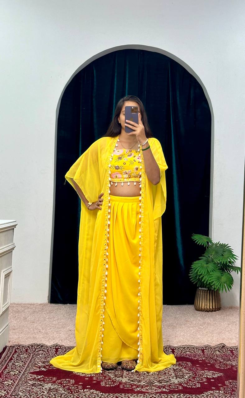 Yellow Indo-Western Set with Fusion Skirt, Shrug & Embroidered Blouse – Festive Wear