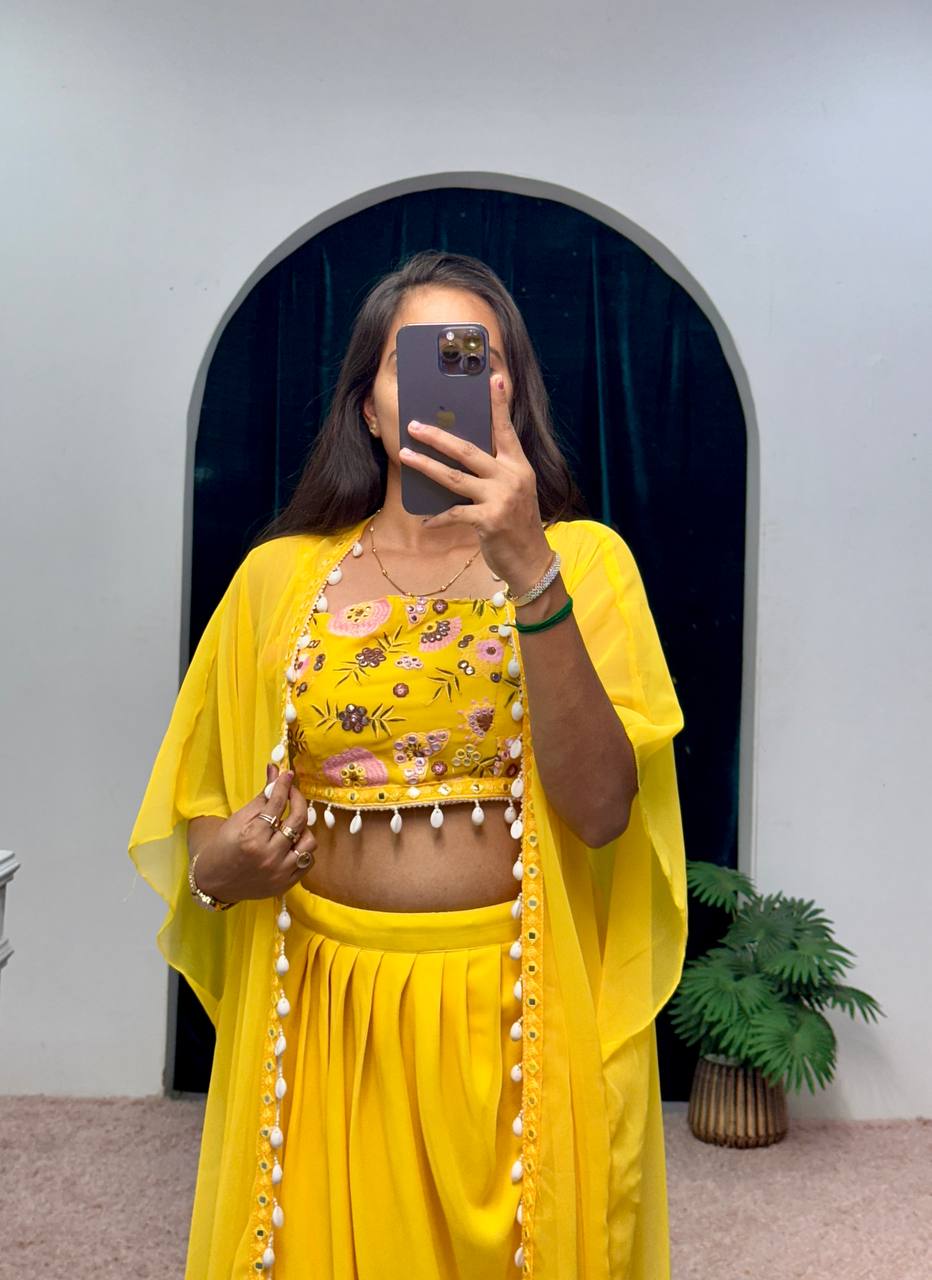 Yellow Indo-Western Set with Fusion Skirt, Shrug & Embroidered Blouse – Festive Wear