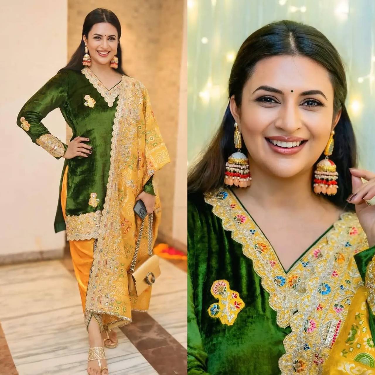 Yellow & Dark Green Velvet Suit Set – Wedding Special 3-Piece Embroidered Outfit